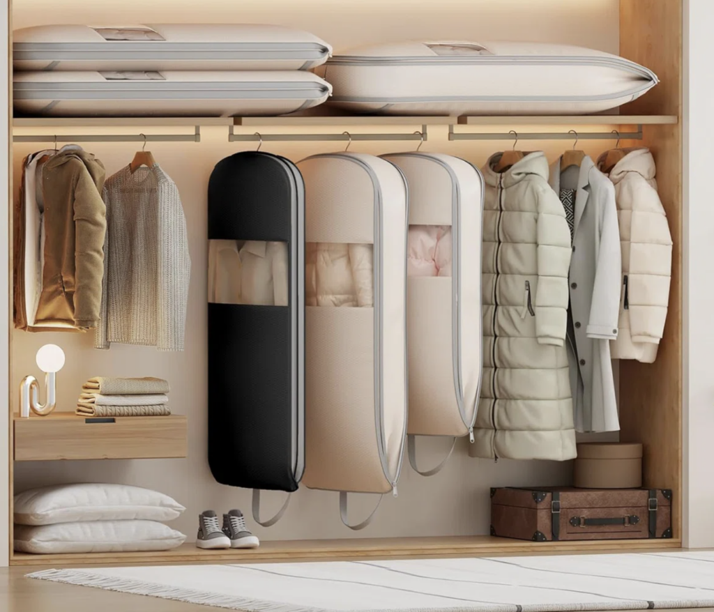 photo showing a beautiful closet with winter coats for women being properly stored